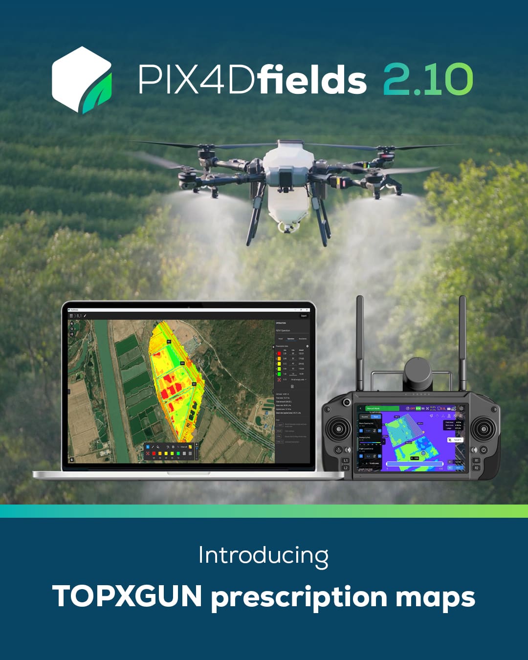 With the release of PIX4Dfields 2.10, users can now directly export prescription maps tailored for TopXGun agricultural drones. Simply select TopXGun from the export options when generating a variable rate or spot spraying map in PIX4Dfields.